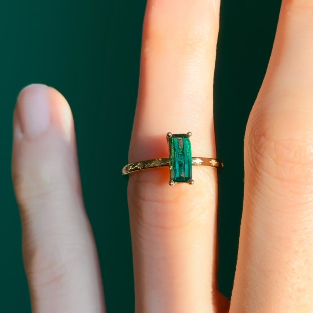 Customized™ 4.1x9mm, 2.00ct Pixel cut Lab-Grown Zambian Emerald Ring in Yellow Gold