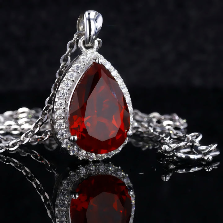 9x13mm, 7.00ct Pear Lab-Grown Red Ruby with Diamond Halo Pendant Necklace in Platinum