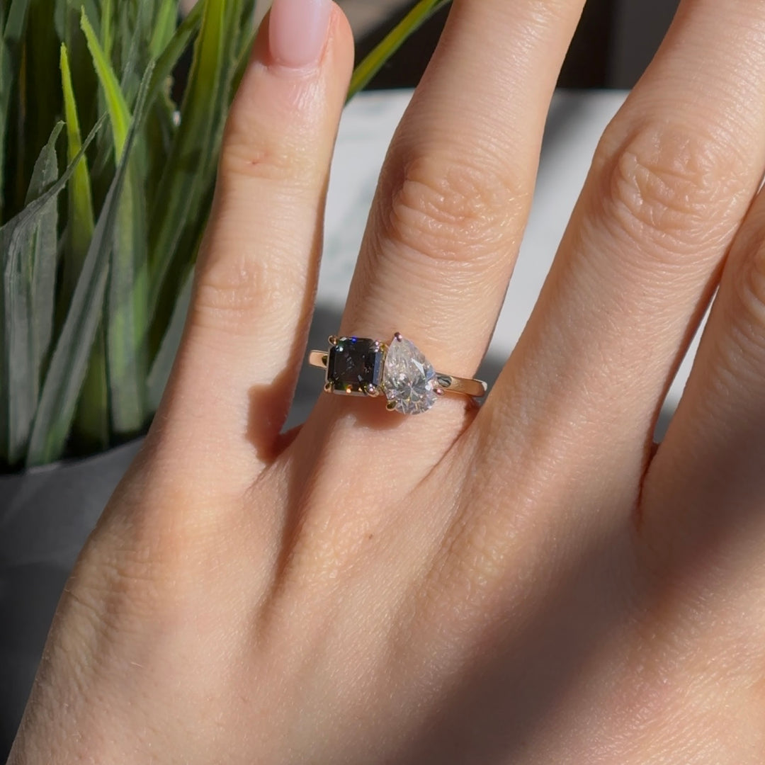 Customized™ 1.50ct Pear Lab-Grown Diamond with 1.50ct Asscher Grey Moissanite Toi Et Moi Ring in Yellow Gold