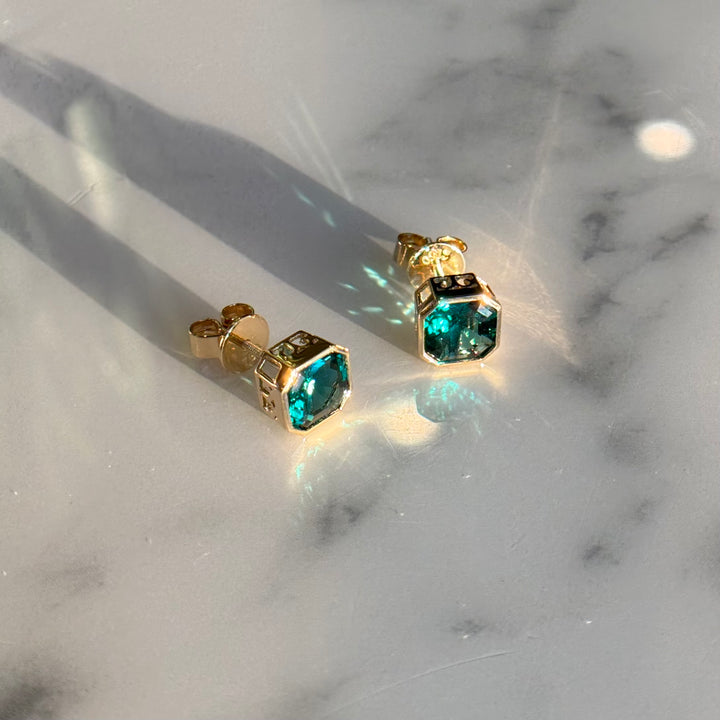 Customized™ 2.52ctw, 1.26ct Each Lab-Grown Asscher Zambian Emerald Bezel-Set Stud Earrings in Yellow Gold