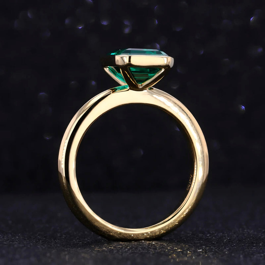 8x12mm, 5.50ct Lab-Grown Zambian Emerald Bezel-Set Ring in 14K Yellow Gold