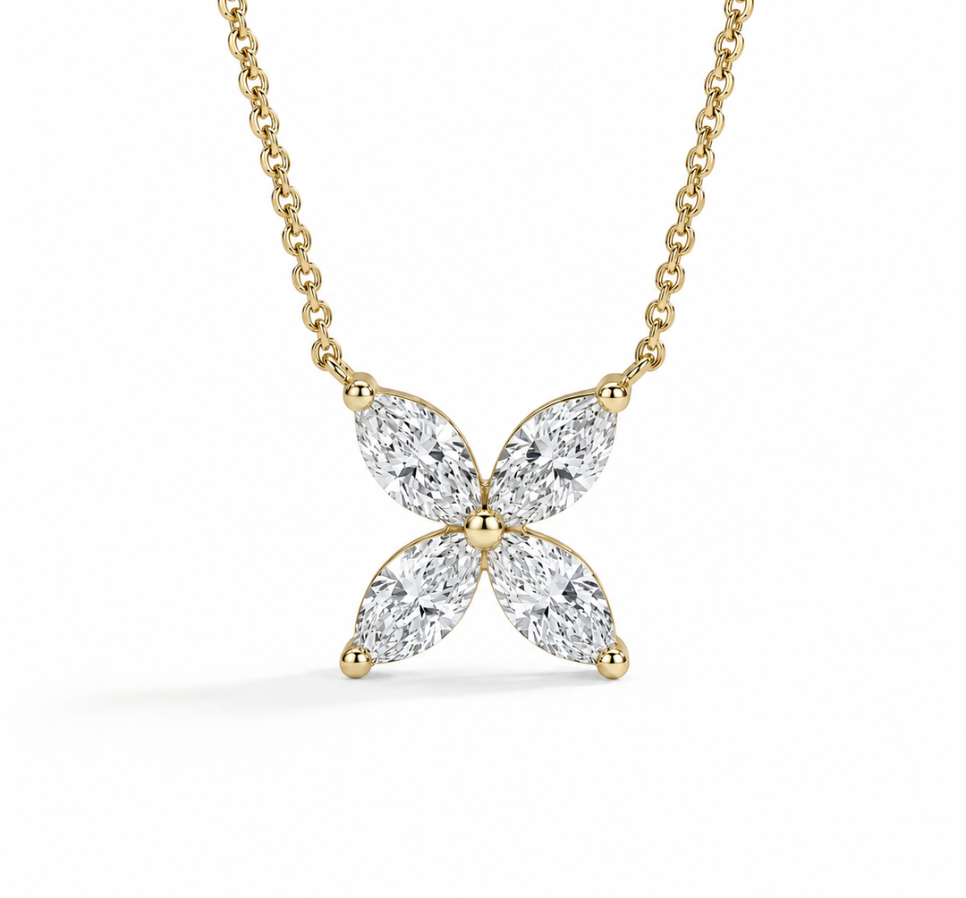 12mm, 0.9ct Marquise Cut Lab Diamond 4-Petal Flower Pendant Necklace in 14K Solid White Gold