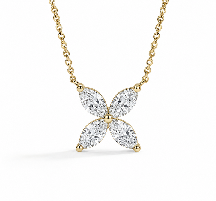 12mm, 0.9ct Marquise Cut Lab Diamond 4-Petal Flower Pendant Necklace in 14K Solid White Gold