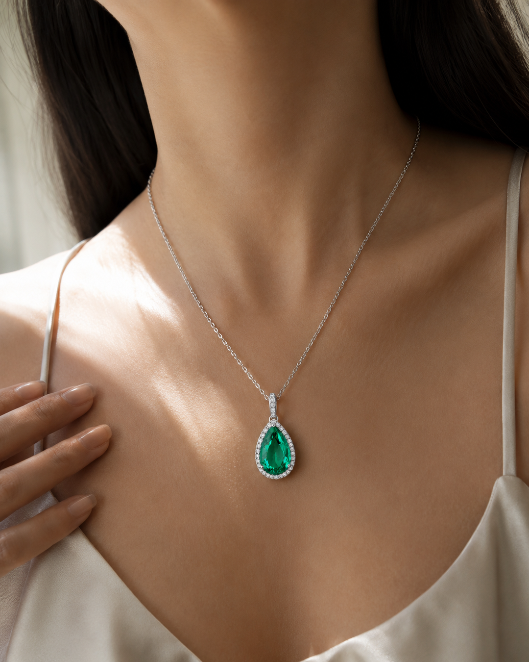 13x18mm, 9.5ct Pear Lab-Grown Colombian Emerald with Diamond Halo Pendant/Necklace