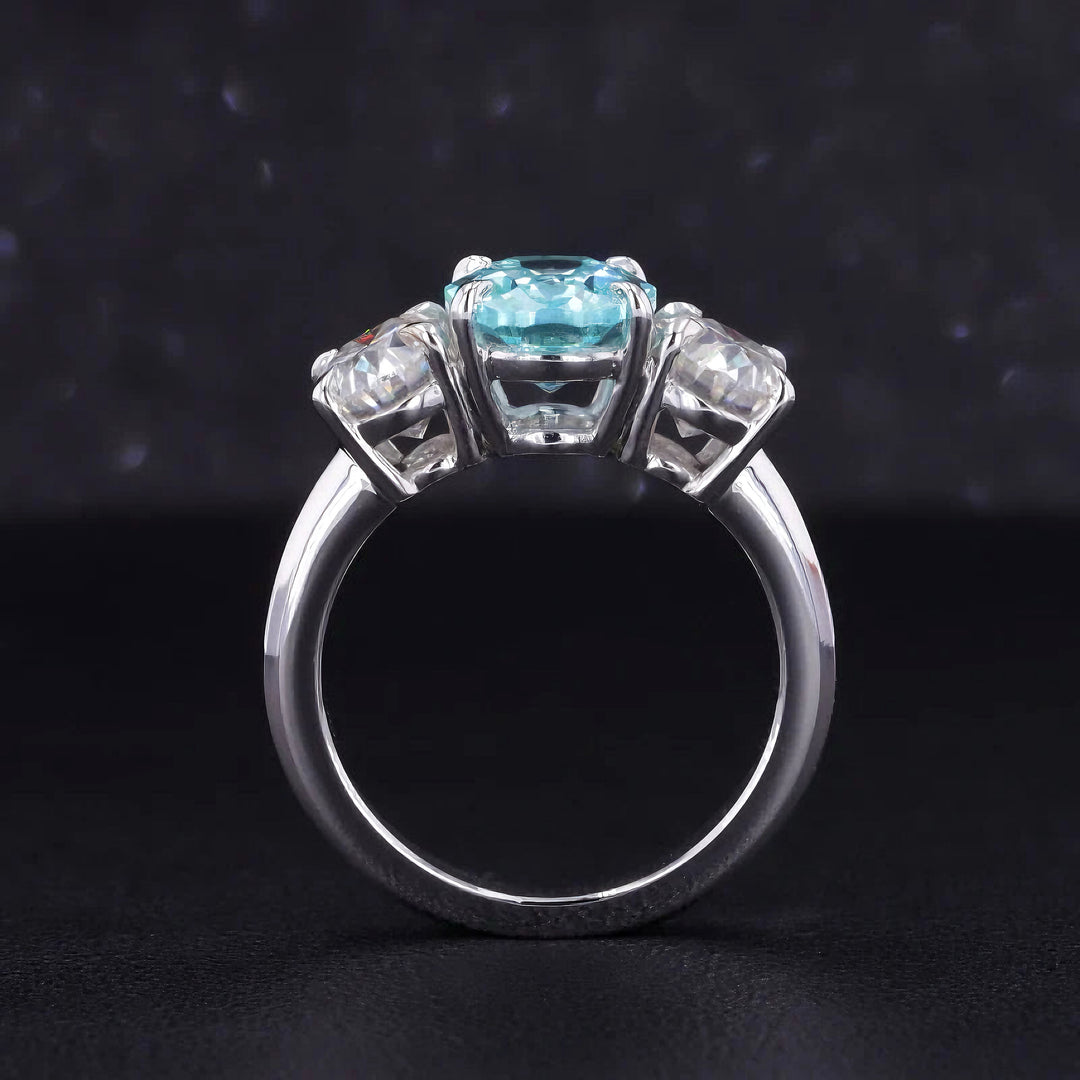 7x9mm Oval Cut Paraiba Moissanite Three Stone Ring in 14K Solid White Gold