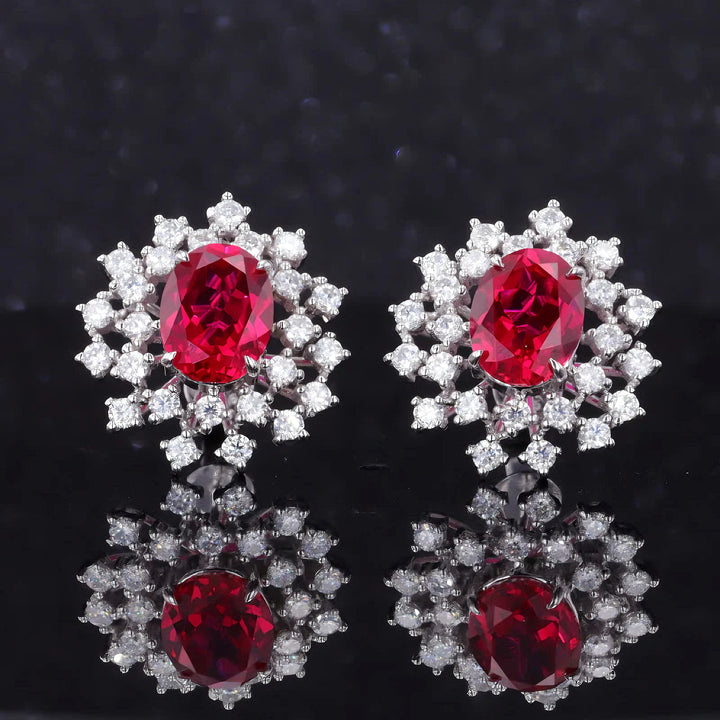 7x9mm, 2.50ct Each Oval Lab-Grown Red Ruby with Diamond Halo Earrings in 14K White Gold