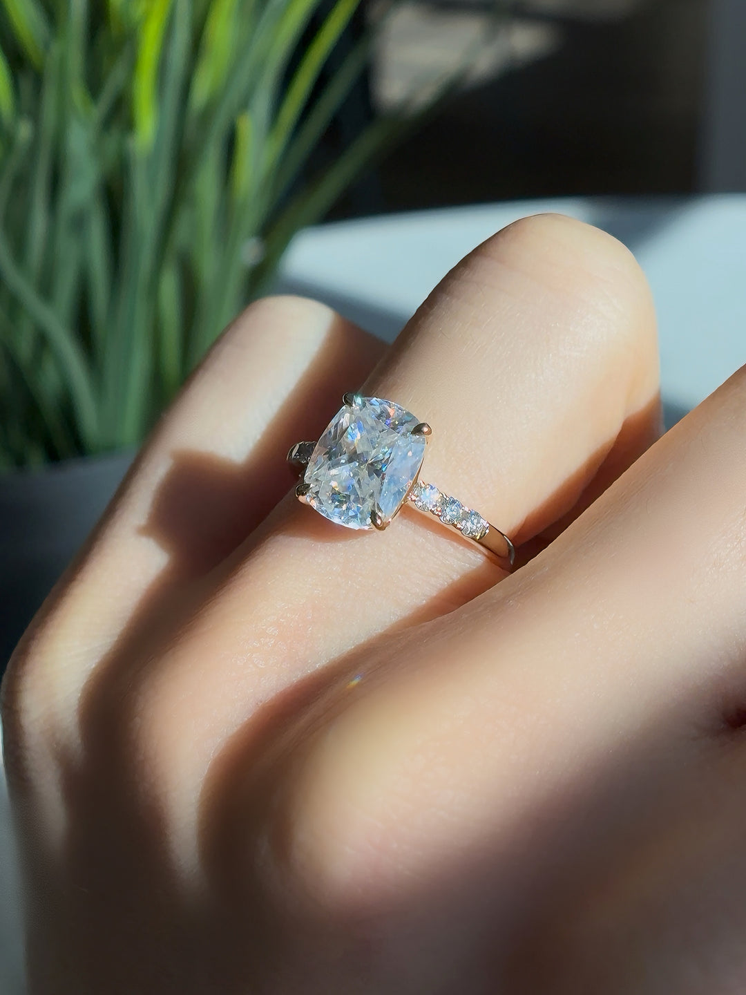 3.00ct Cushion-Cut Moissanite with Pavé Band Ring in 14K Yellow Gold