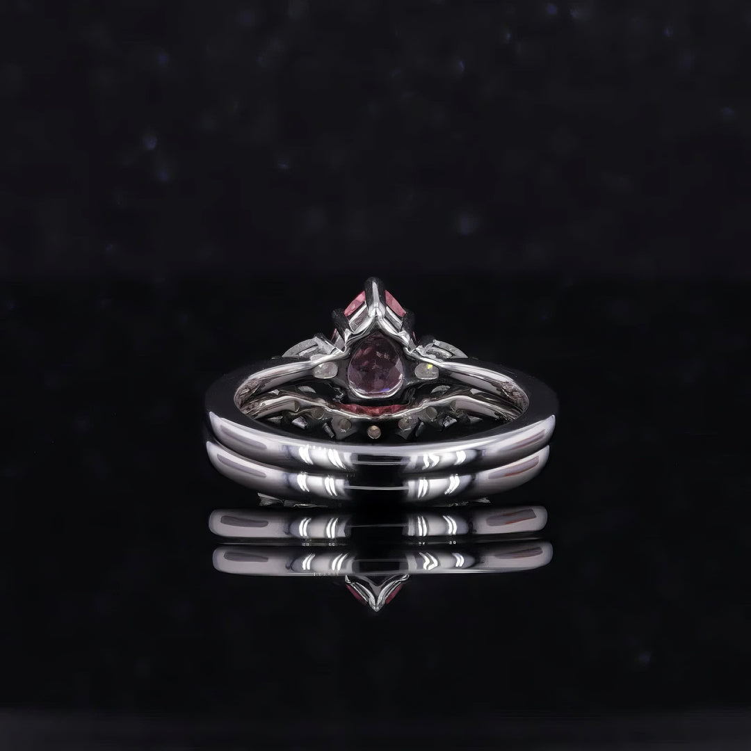 5x7mm, 0.85ct Pear Lab-Grown Pink Sapphire with Pear Diamond Three-Stone Ring with Stacking Diamond Ring in 14K White Gold