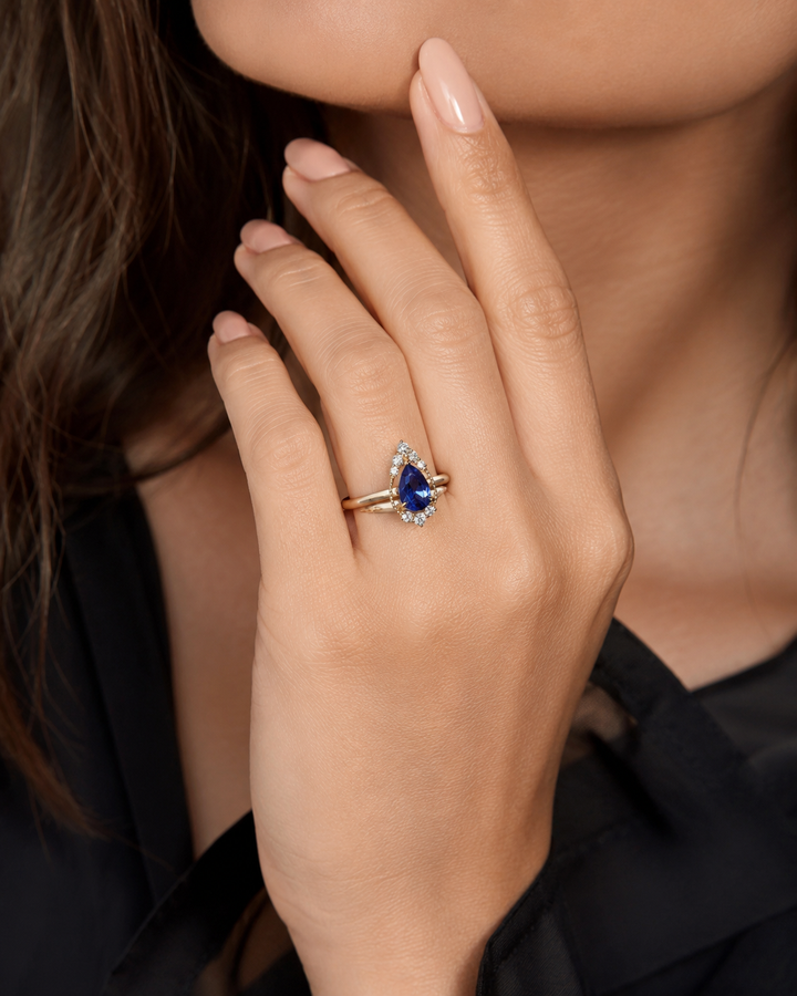 The Teardrop — Blue Pear Sapphire with Diamond Halo Ring