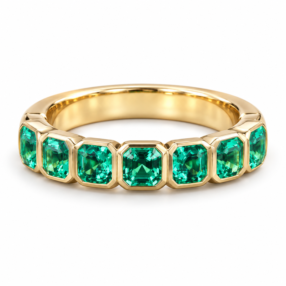 Asscher Lab-Grown Colombian Emerald Half-Eternity Band in 14K Yellow Gold
