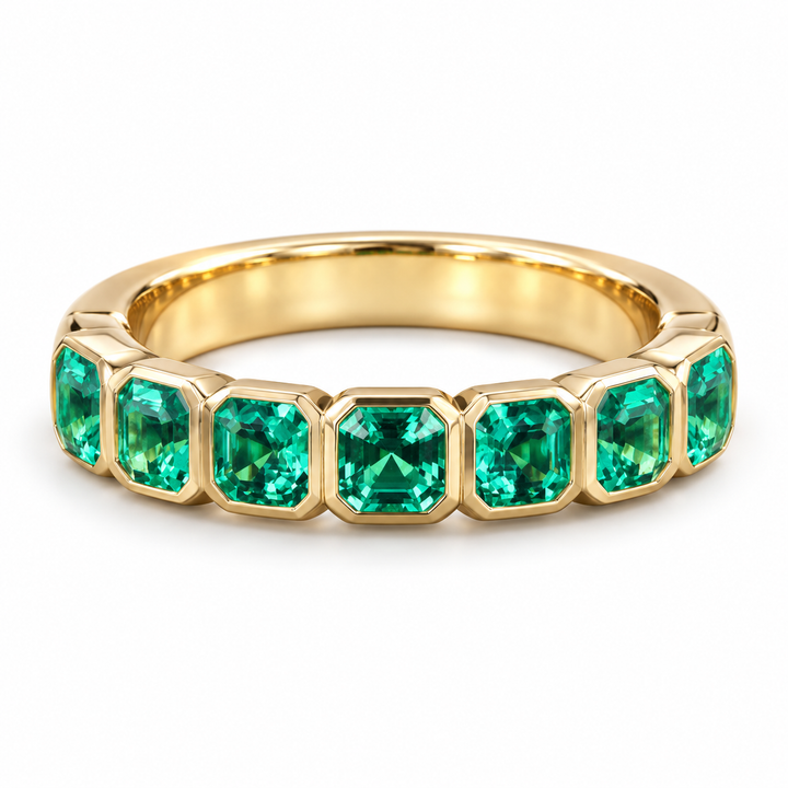 Asscher Lab-Grown Colombian Emerald Half-Eternity Band in 14K Yellow Gold