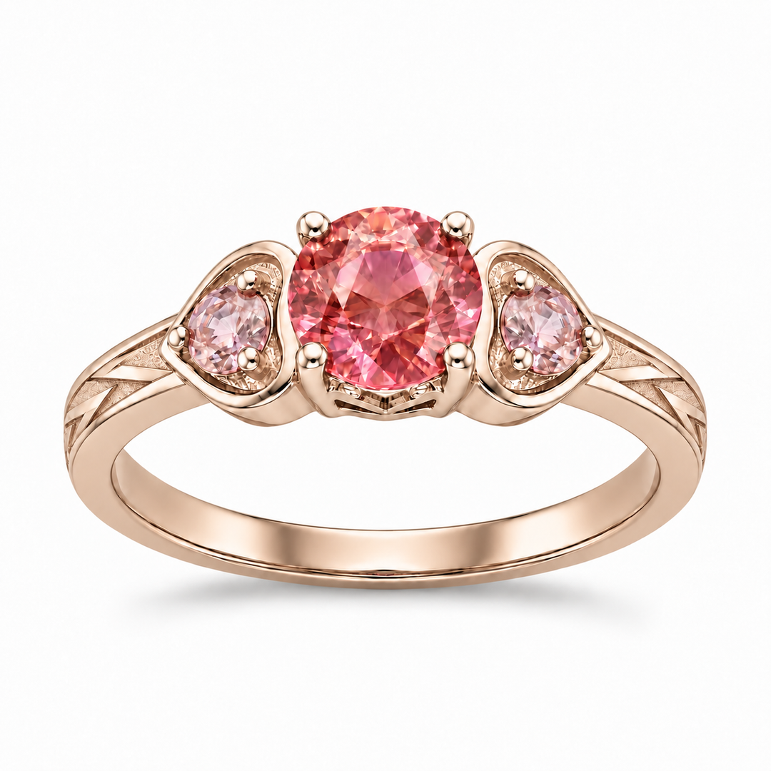 Atoms & Impact pink sapphire three-stone ring in champagne rose gold, hero view on a clean white background