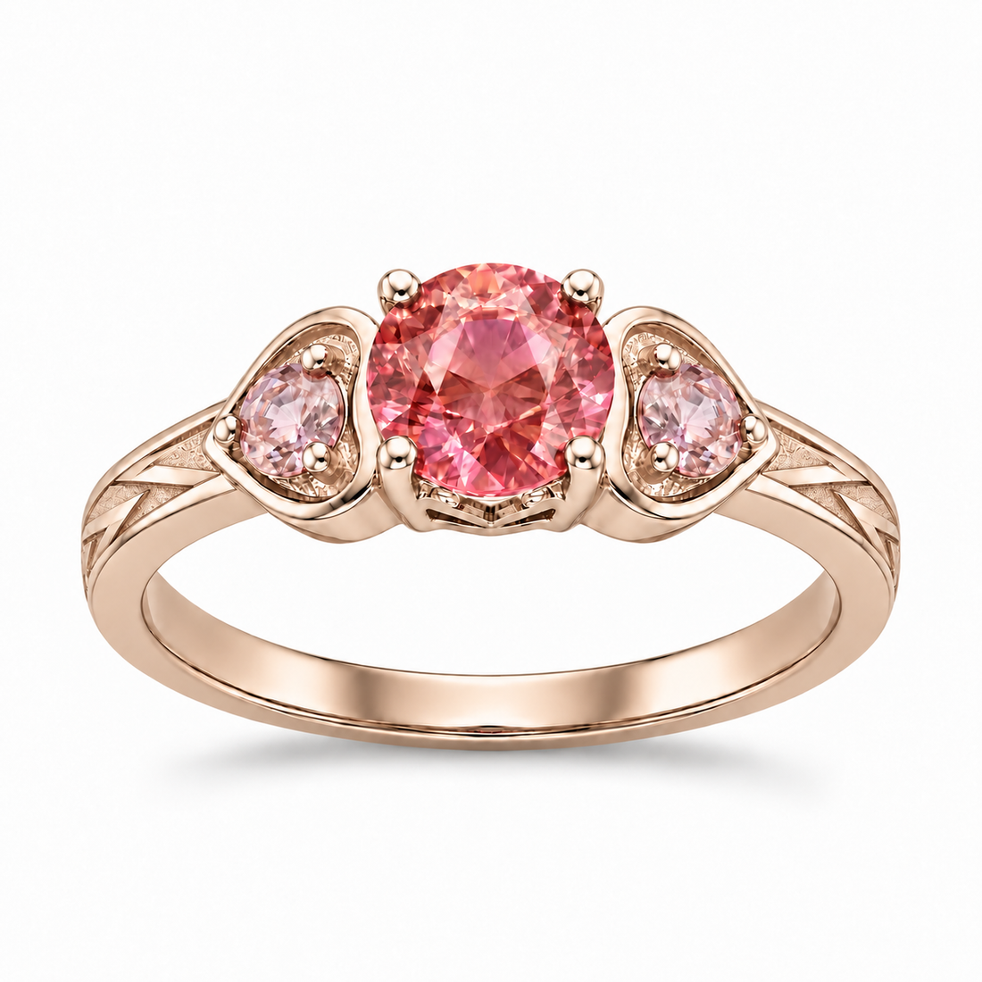 Atoms & Impact pink sapphire three-stone ring in champagne rose gold, hero view on a clean white background