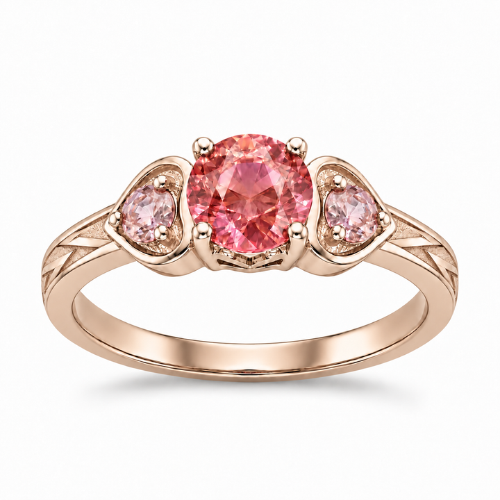 Atoms & Impact pink sapphire three-stone ring in champagne rose gold, hero view on a clean white background