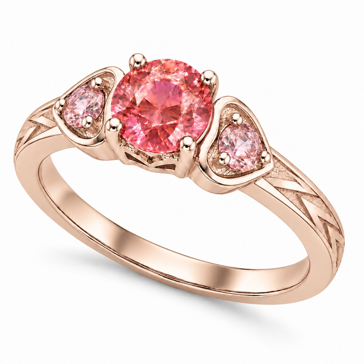 Atoms & Impact pink sapphire three-stone ring in champagne rose gold, angle view on a clean white background