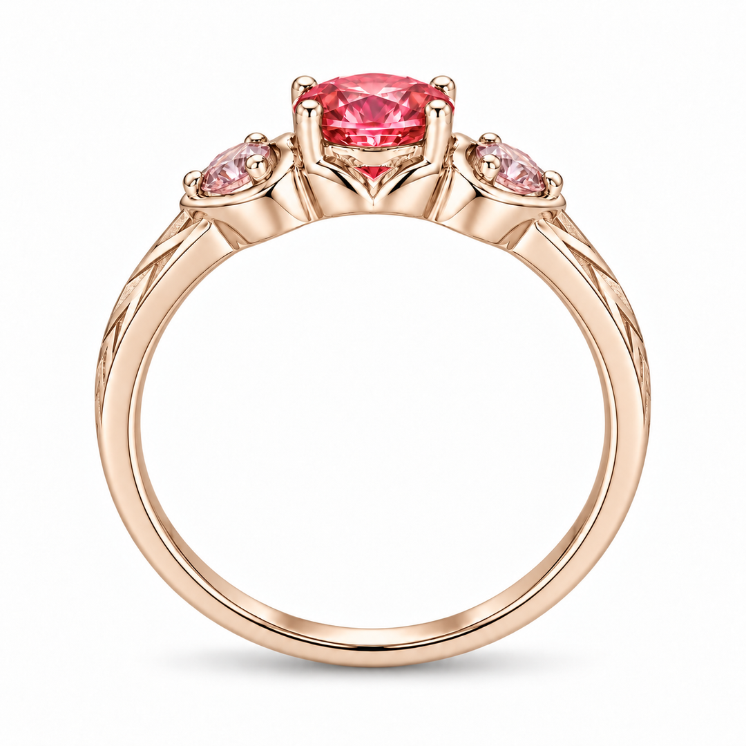 Atoms & Impact pink sapphire three-stone ring in champagne rose gold, profile view on a clean white background