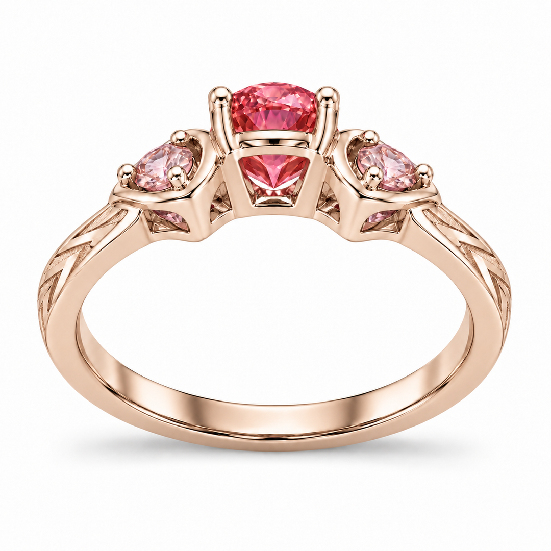 Atoms & Impact pink sapphire three-stone ring in champagne rose gold, back view on a clean white background