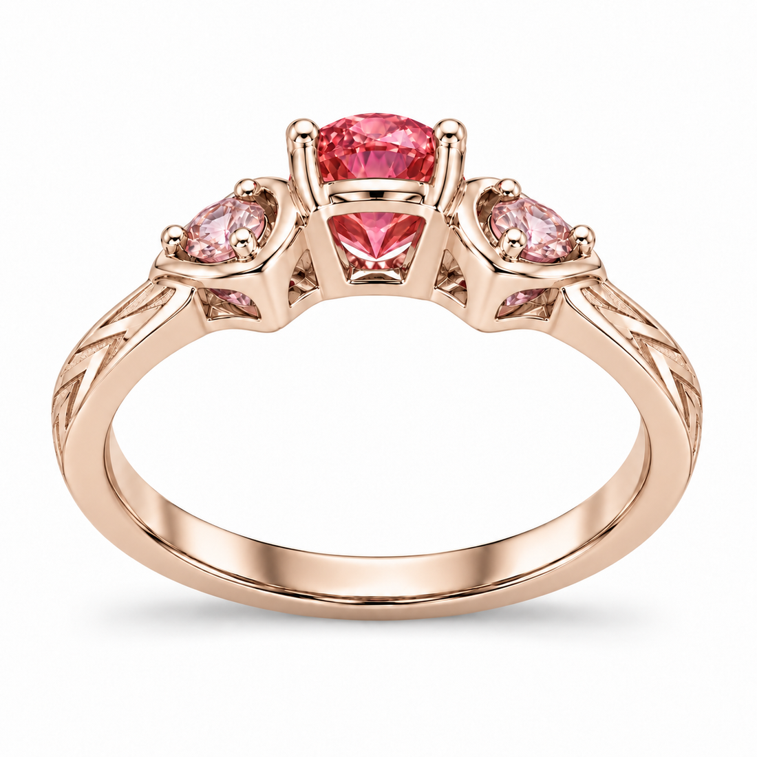 Atoms & Impact pink sapphire three-stone ring in champagne rose gold, back view on a clean white background
