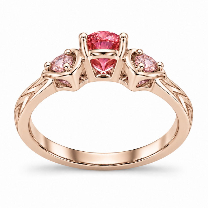 Atoms & Impact pink sapphire three-stone ring in champagne rose gold, back view on a clean white background