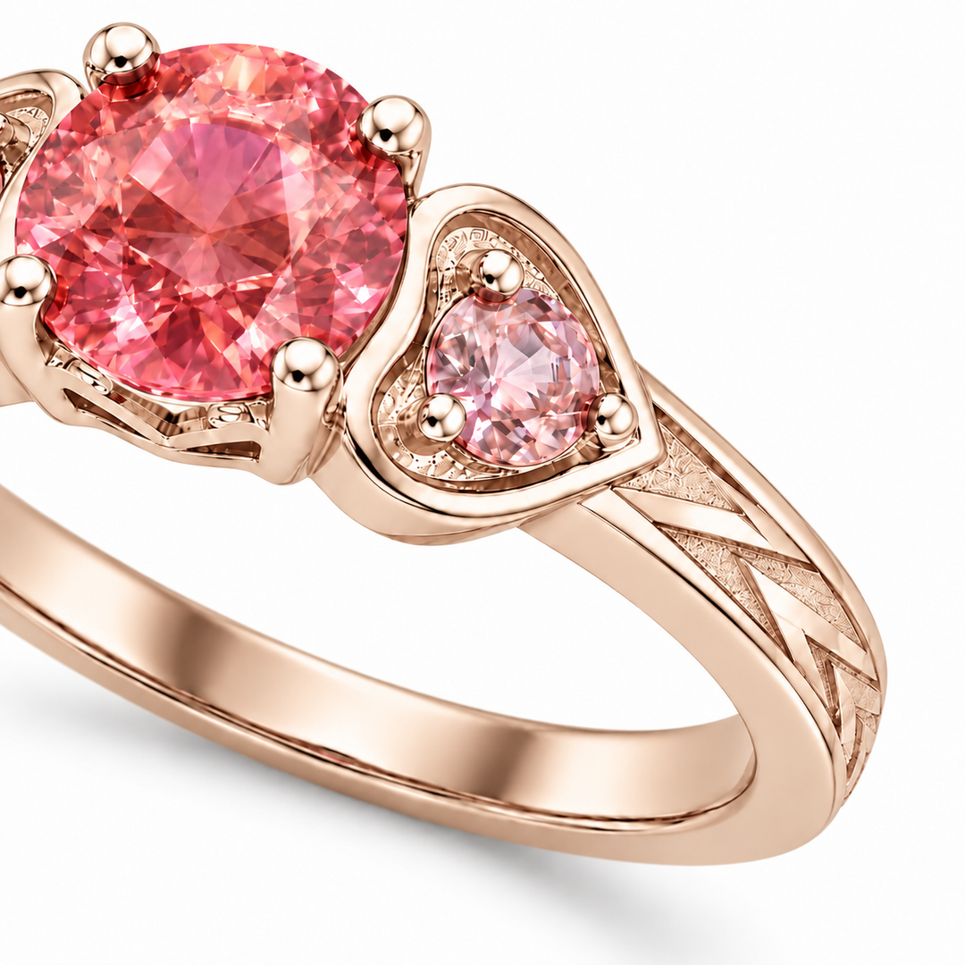 Atoms & Impact pink sapphire three-stone ring in champagne rose gold, detail view on a clean white background