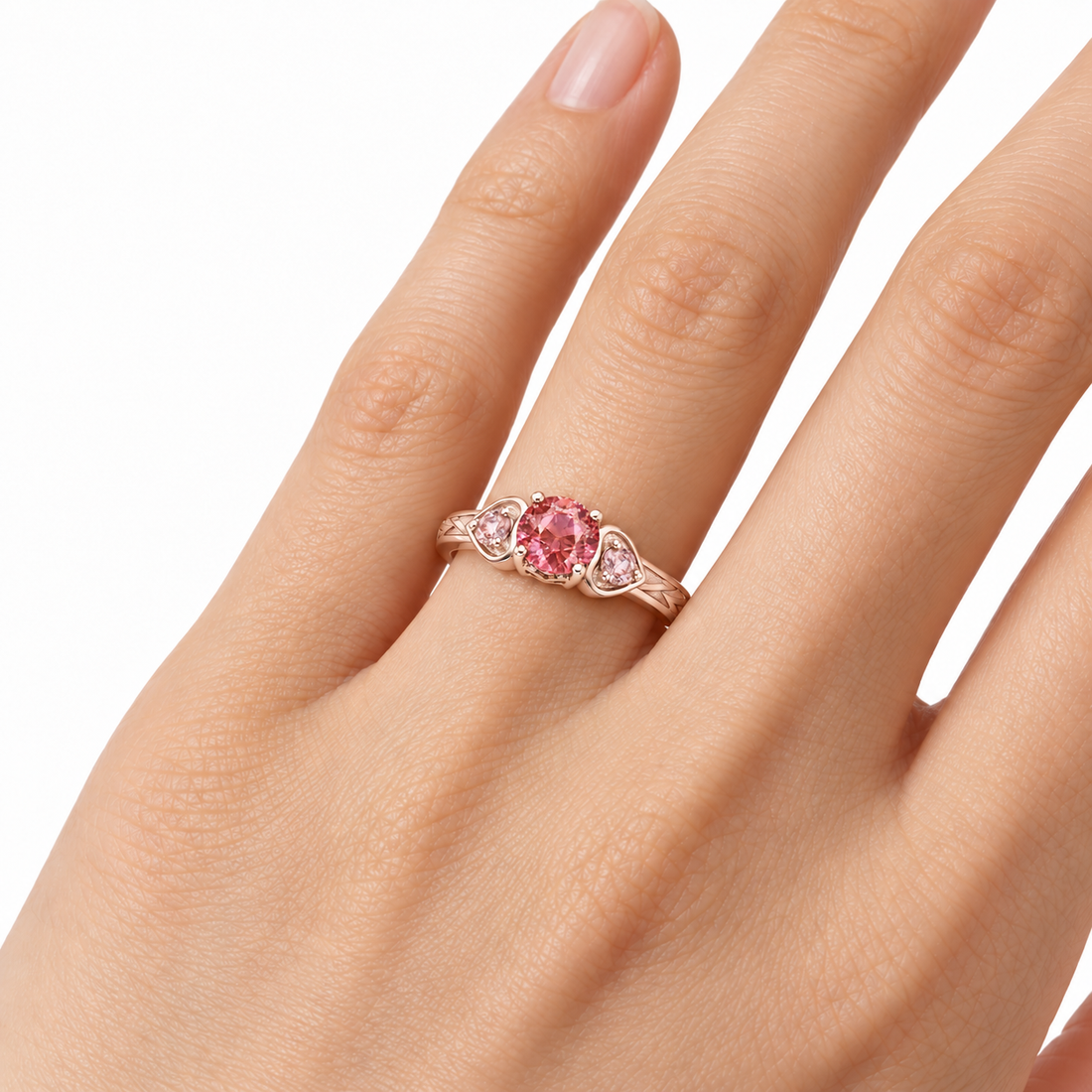 Atoms & Impact pink sapphire three-stone ring in champagne rose gold, wearing view on a clean white background