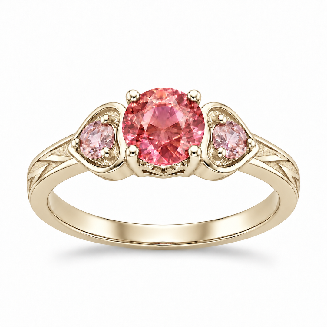 Atoms & Impact pink sapphire three-stone ring in champagne yellow gold, hero view on a clean white background