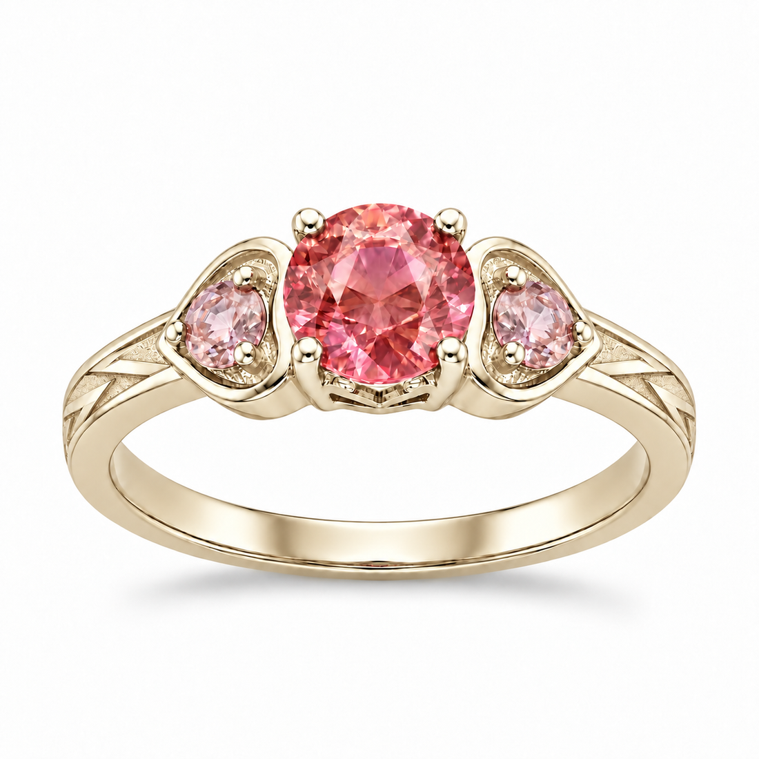 Atoms & Impact pink sapphire three-stone ring in champagne yellow gold, hero view on a clean white background
