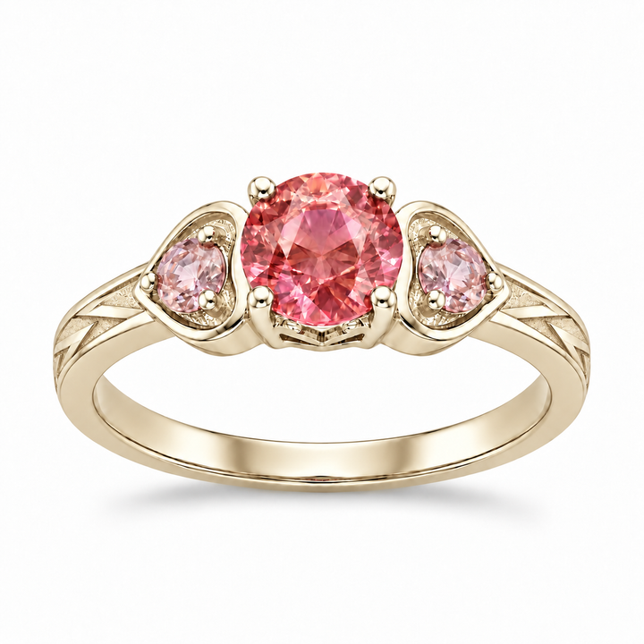 Atoms & Impact pink sapphire three-stone ring in champagne yellow gold, hero view on a clean white background
