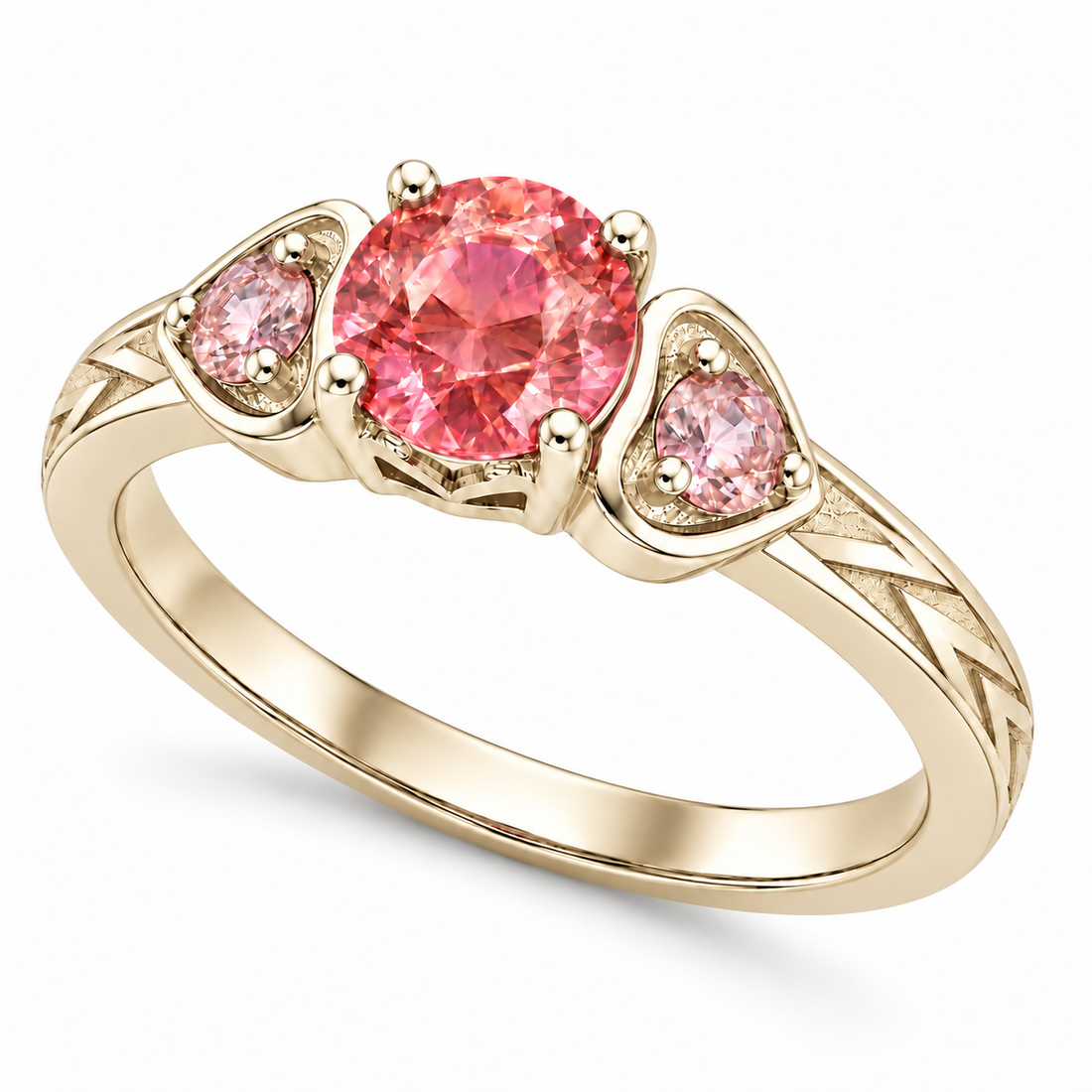 Atoms & Impact pink sapphire three-stone ring in champagne yellow gold, angle view on a clean white background