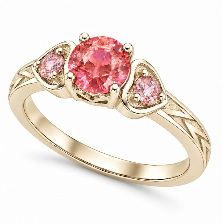 Atoms & Impact pink sapphire three-stone ring in champagne yellow gold, angle view on a clean white background