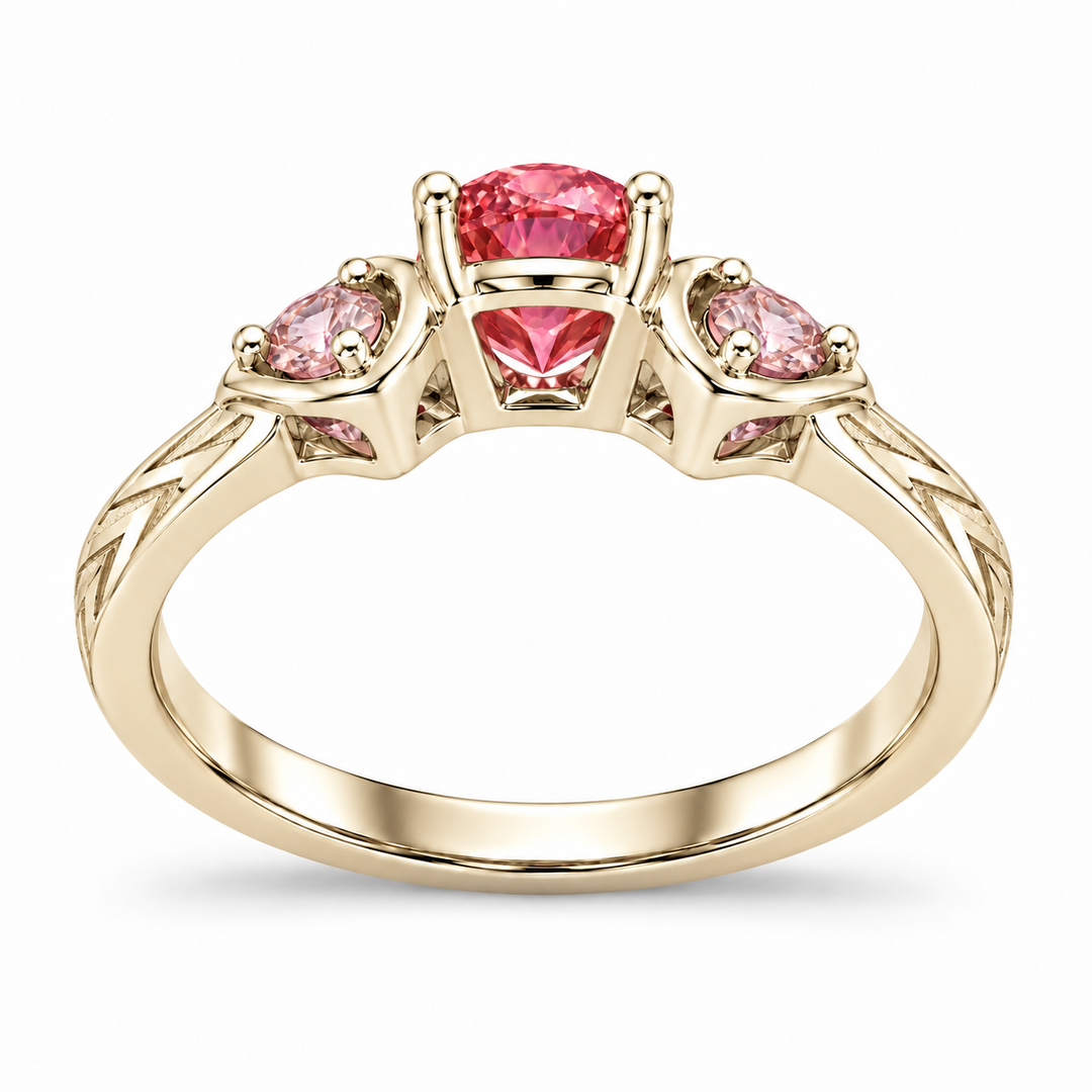 Atoms & Impact pink sapphire three-stone ring in champagne yellow gold, back view on a clean white background