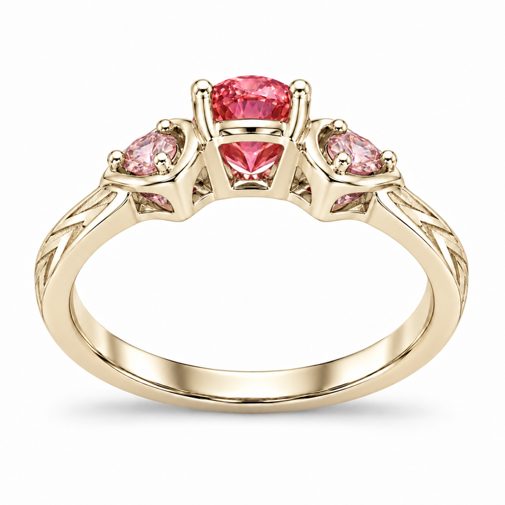 Atoms & Impact pink sapphire three-stone ring in champagne yellow gold, back view on a clean white background