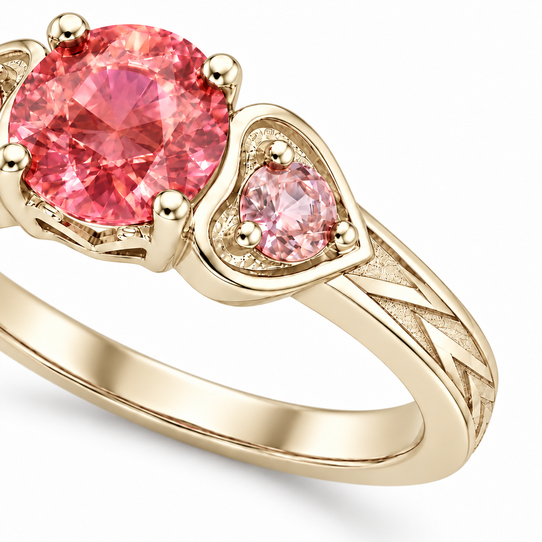 Atoms & Impact pink sapphire three-stone ring in champagne yellow gold, detail view on a clean white background