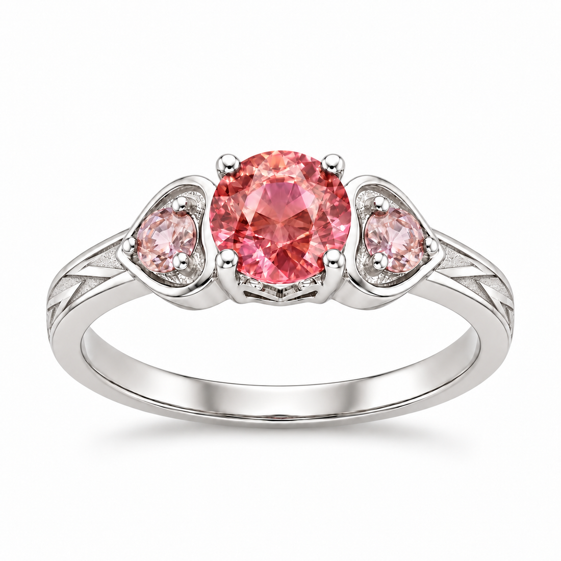 Atoms & Impact pink sapphire three-stone ring in white gold, hero view on a clean white background