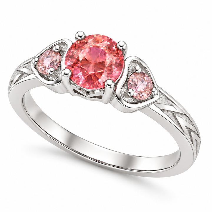 Atoms & Impact pink sapphire three-stone ring in white gold, angle view on a clean white background