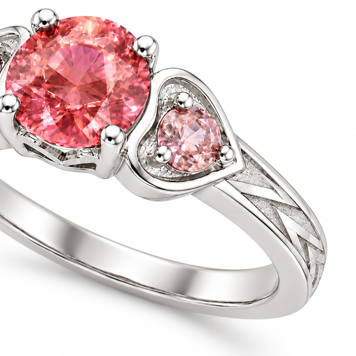Atoms & Impact pink sapphire three-stone ring in white gold, detail view on a clean white background