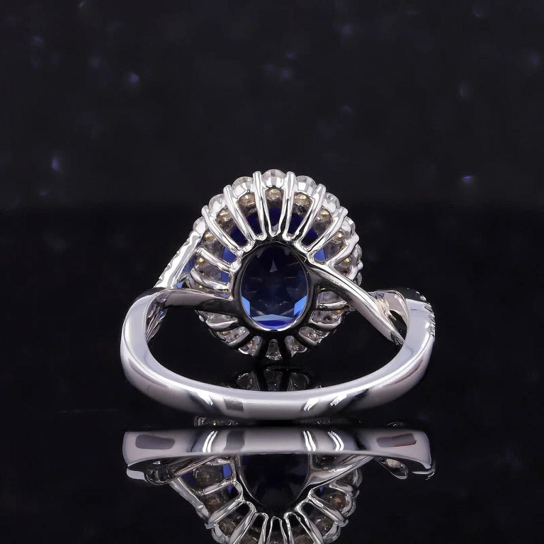 8x10mm, 4.00ct Oval Lab-Grown Blue Sapphire with Diamond Halo Ring/Twisted Band in 14K White Gold