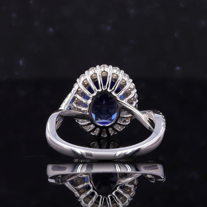 8x10mm, 4.00ct Oval Lab-Grown Blue Sapphire with Diamond Halo Ring/Twisted Band in 14K White Gold
