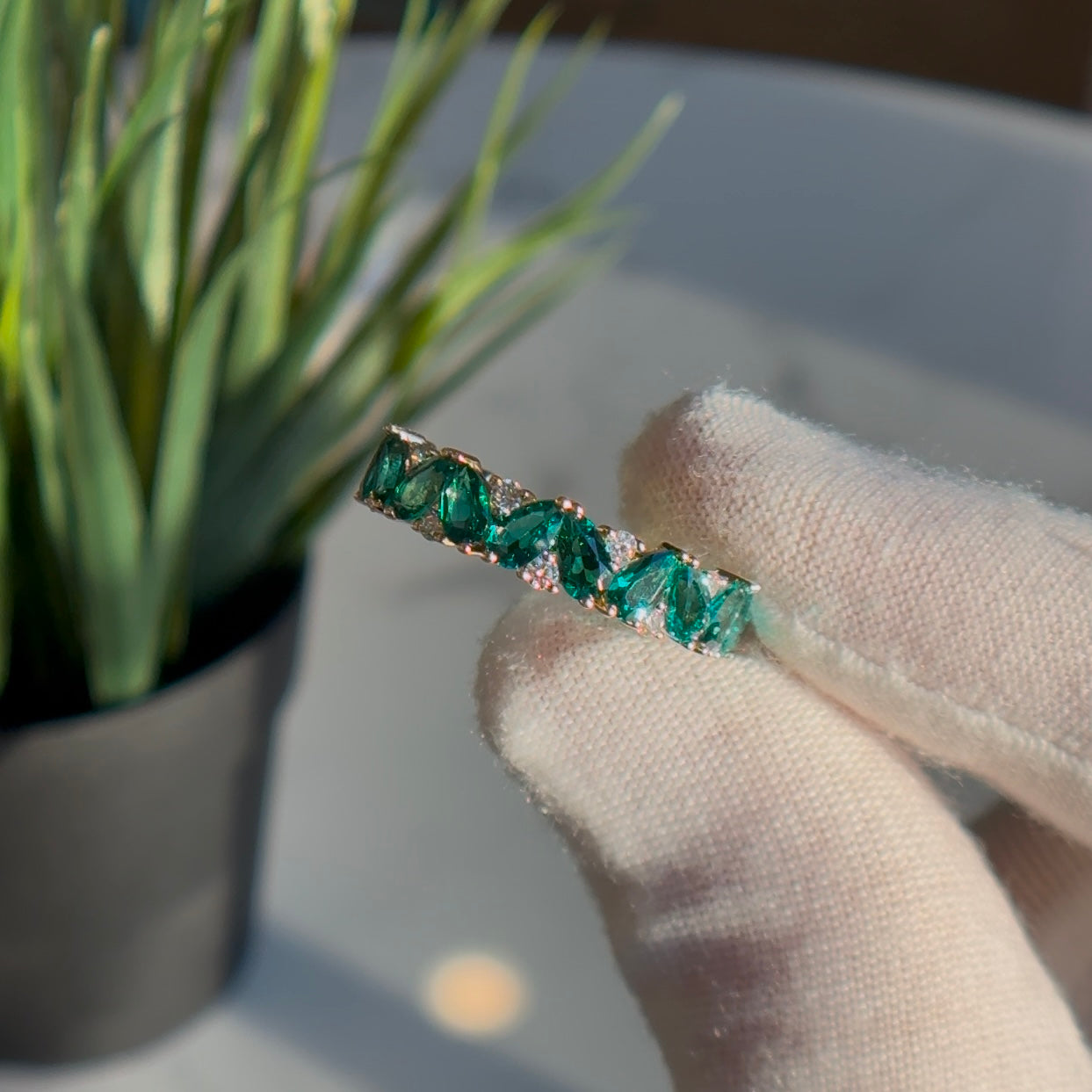 Customized™ 3*5mm Pear Cut Lab-Grown Zambian Emerald and Round Moissanite Eternity Band in 14K Solid Yellow Gold