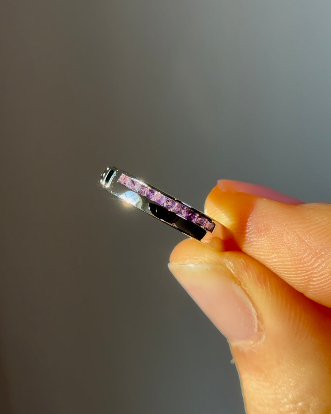 3.5mm "Fallen Leaf" Purple Amethyst Band Ring in Sterling Silver