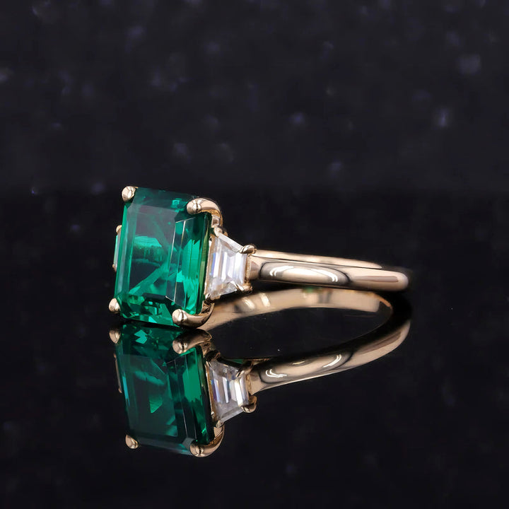 8x10mm, 3.00ct Lab-Grown Zambian Emerald with Diamond Three-Stone Ring in 14K Yellow Gold
