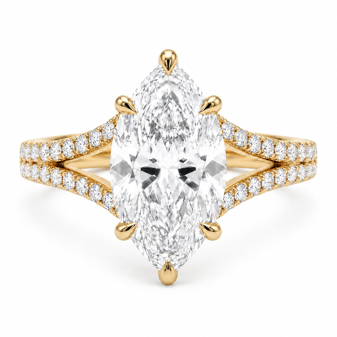 The Interlace marquise lab diamond split band engagement ring in 14K yellow gold