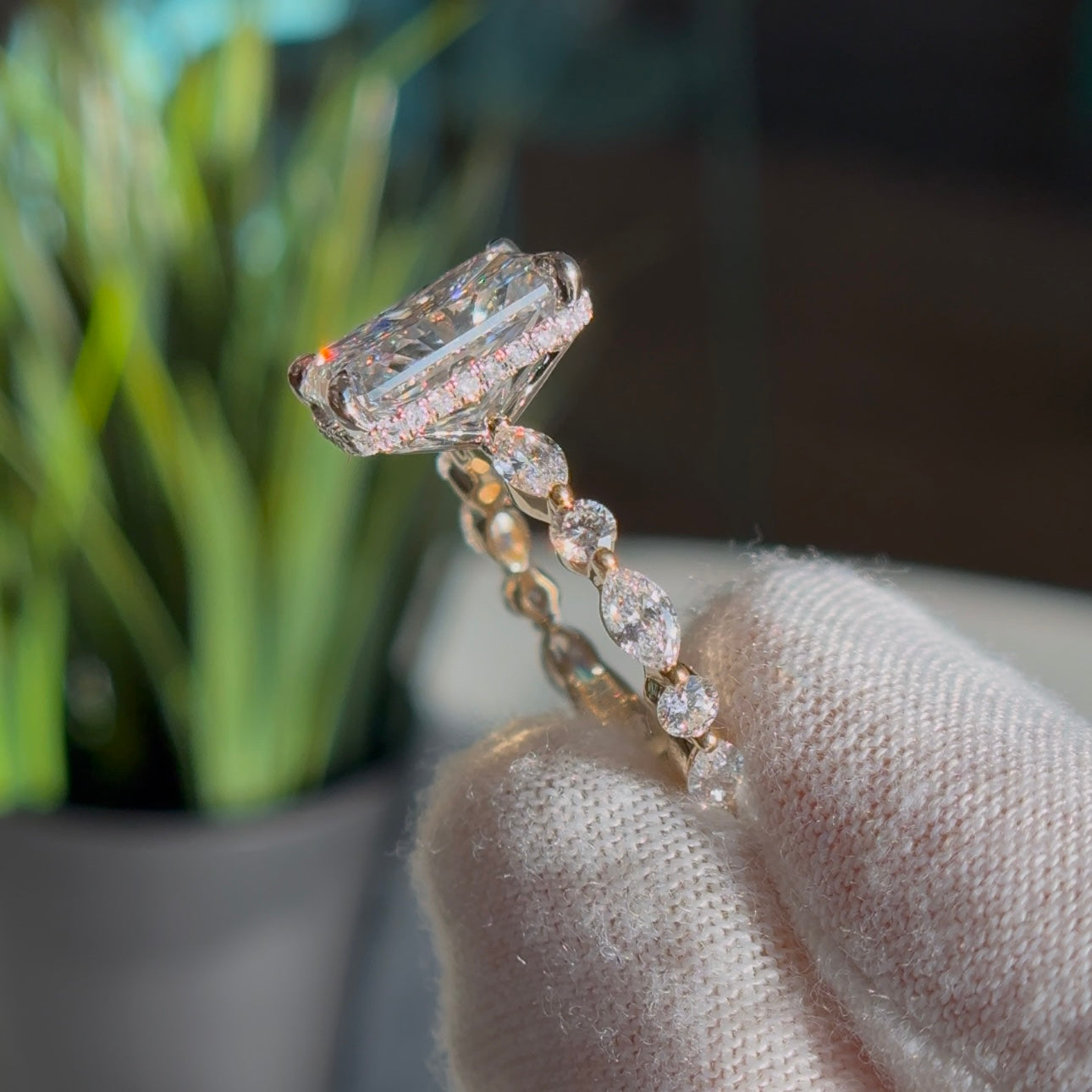 Customized™ 4.00ct Radiant Cut Lab Diamond Ring with Marquise/Round Diamond Accents in 14K Solid Yellow Gold and Platinum