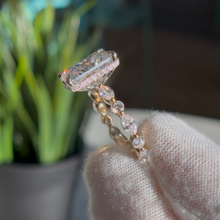 Customized™ 4.00ct Radiant Lab-Grown Diamond Ring with Hidden Halo and Diamond Band in Yellow Gold and Platinum