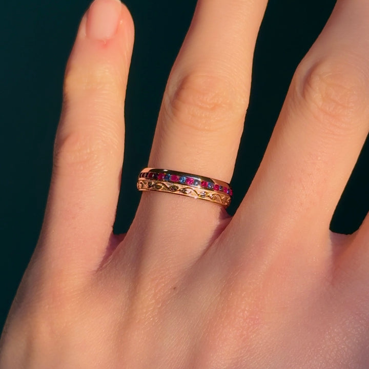 Customized™ Natural Ruby and Sapphire 5mm Band with Leaf Pattern in Rose Gold