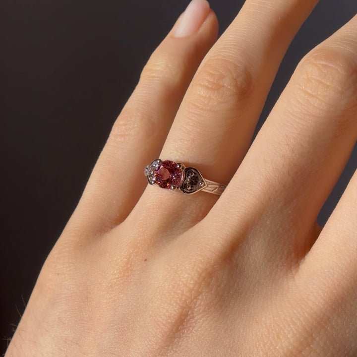 1.00ct "The Atoms & Impact" Round Pink Sapphires Three-Stone Ring in White Gold