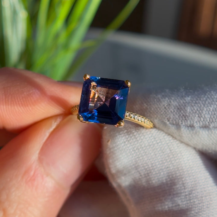Customized™ 3.75ct Asscher Cut Natural Tanzanite Ring with Half-Eternity/Hidden Halo Design in Yellow Gold