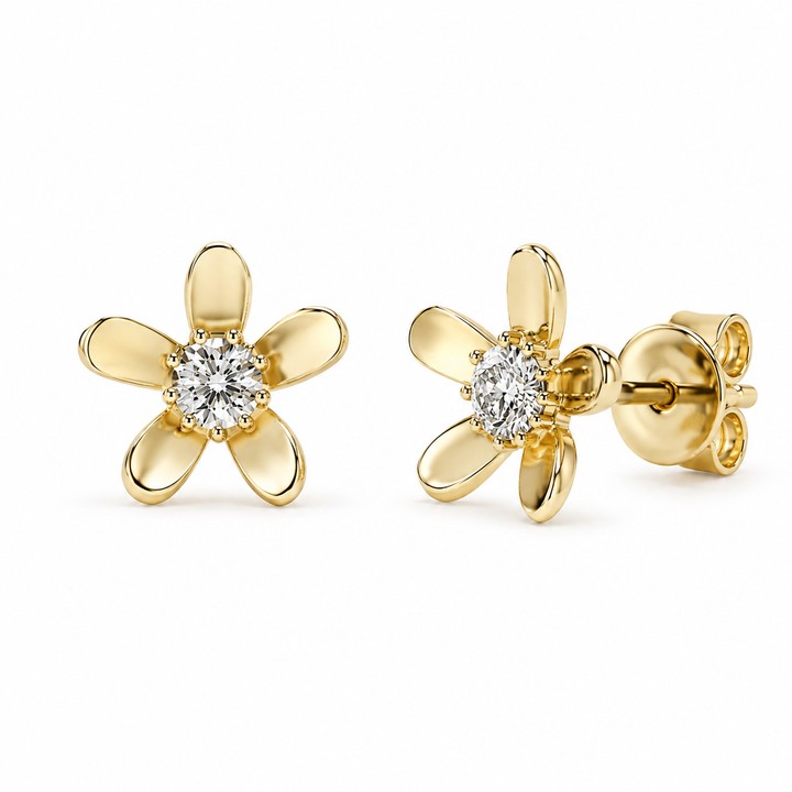 Lab-Diamond Flower Earrings in 18K Solid Yellow Gold