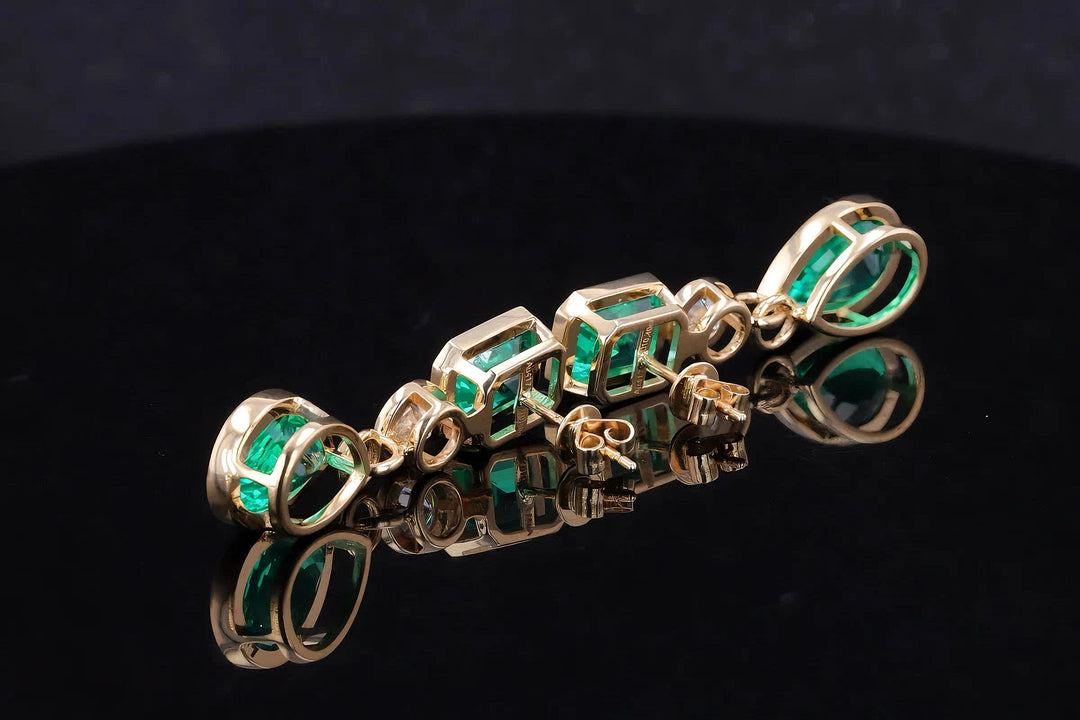 8x12mm Pear & 7x9mm Emerald Cut 4.90ctw Lab-Grown Colombian Emerald Bezel-Set Dangle Earrings with Diamond in 14K Yellow Gold