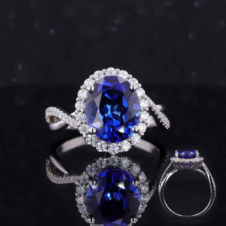 8x10mm, 4.00ct Oval Lab-Grown Blue Sapphire with Diamond Halo Ring/Twisted Band in 14K White Gold
